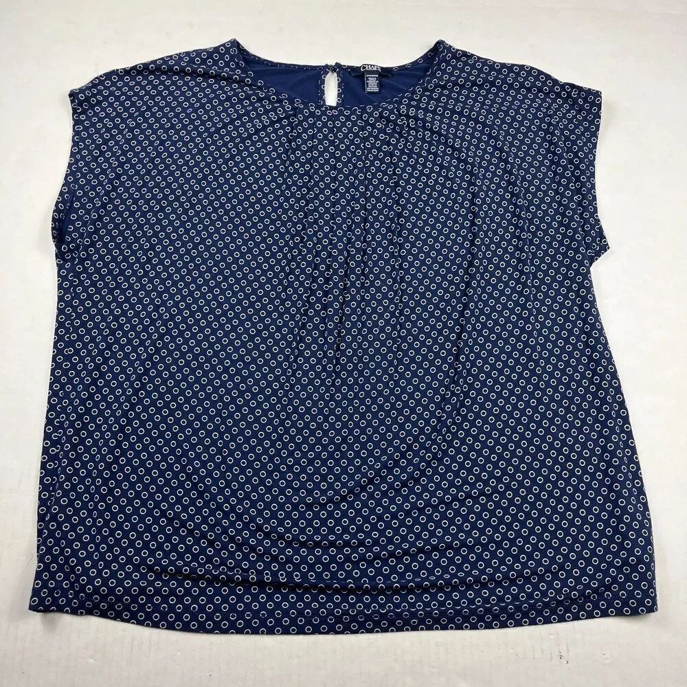 Chaps Womens Navy Blue Printed Blouse Cap Sleeve Flowy Lightweight Top 2X Shirt